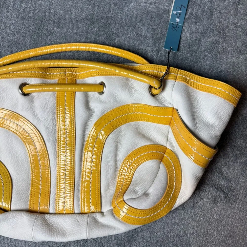 NWT Kate Landry White Yellow Leather Patent Trim Large Shoulder Handbag